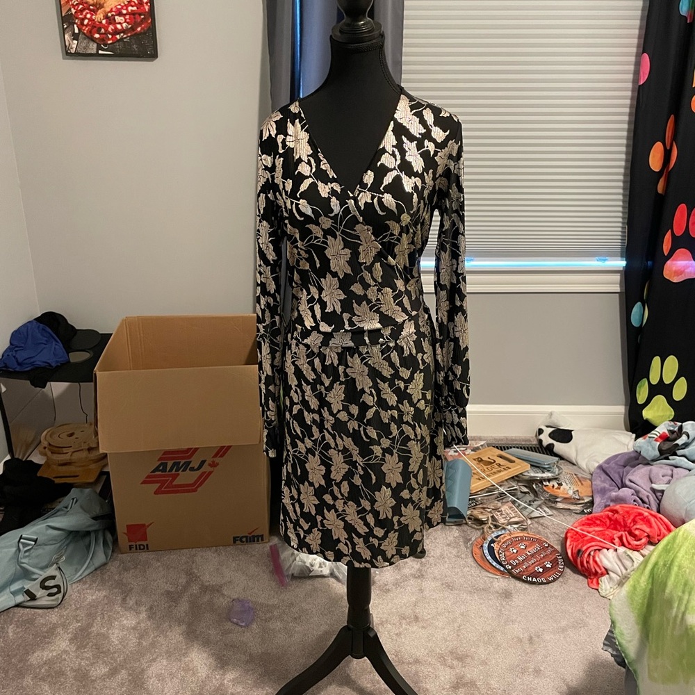 Vero Moda Black and Cream Long Sleeve Sheath Dress